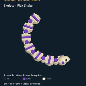 Puede incluir: Una representación digital de un juguete articulado Skeleton Flex Snake con segmentos de color crema, acentos morados y ojos de color tinta. El texto dice SCULPTNEST3D / COLOR FIDGETS, Skeleton Flex Snake, Assembled view / Assembly required, Ink, Purple, Cream, STL + color 3MF / Digital download, Actual model render / No physical item.