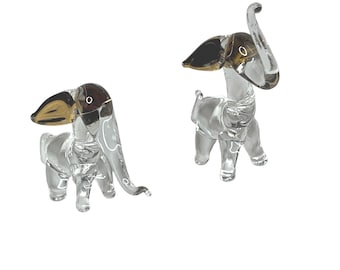 Vintage Clear Glass Elephant Figurines Gold Ears Trunks Up Lucky Elephants