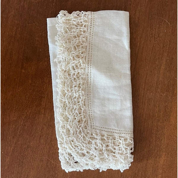 Vintage White Irish Linen Crochet-Edge Handkerchief Wedding Bridal