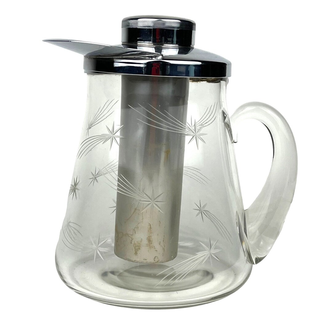 Vintage Etched Clear Glass Starburst Pitcher With Ice Chamber Etsy