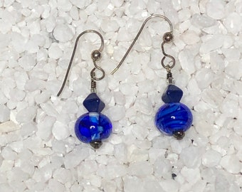 Handmade Lampwork Glass Bead Earrings, Blue Lampwork Beads, Glass Bead Jewelry, Blue Bead Earrings,