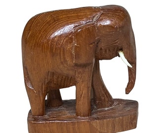 Vintage 70's Hand-Carved Elephant Figurine Dark Wood