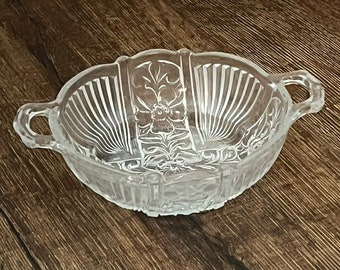 vintage Petit bol de service à bonbons en verre transparent à motif floral gaufré à deux anses