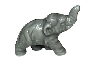 Vintage Ceramic Gray Elephant Figurine Trunk Up Lucky Elephant Japan