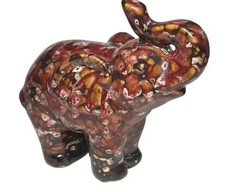 Vintage Ceramic Glazed Elephant Speckled Trunk Up Brown/Red