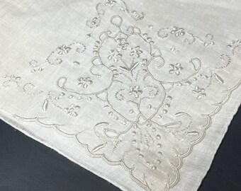 Vintage White Linen Embroidered Handkerchief Wedding Hanky