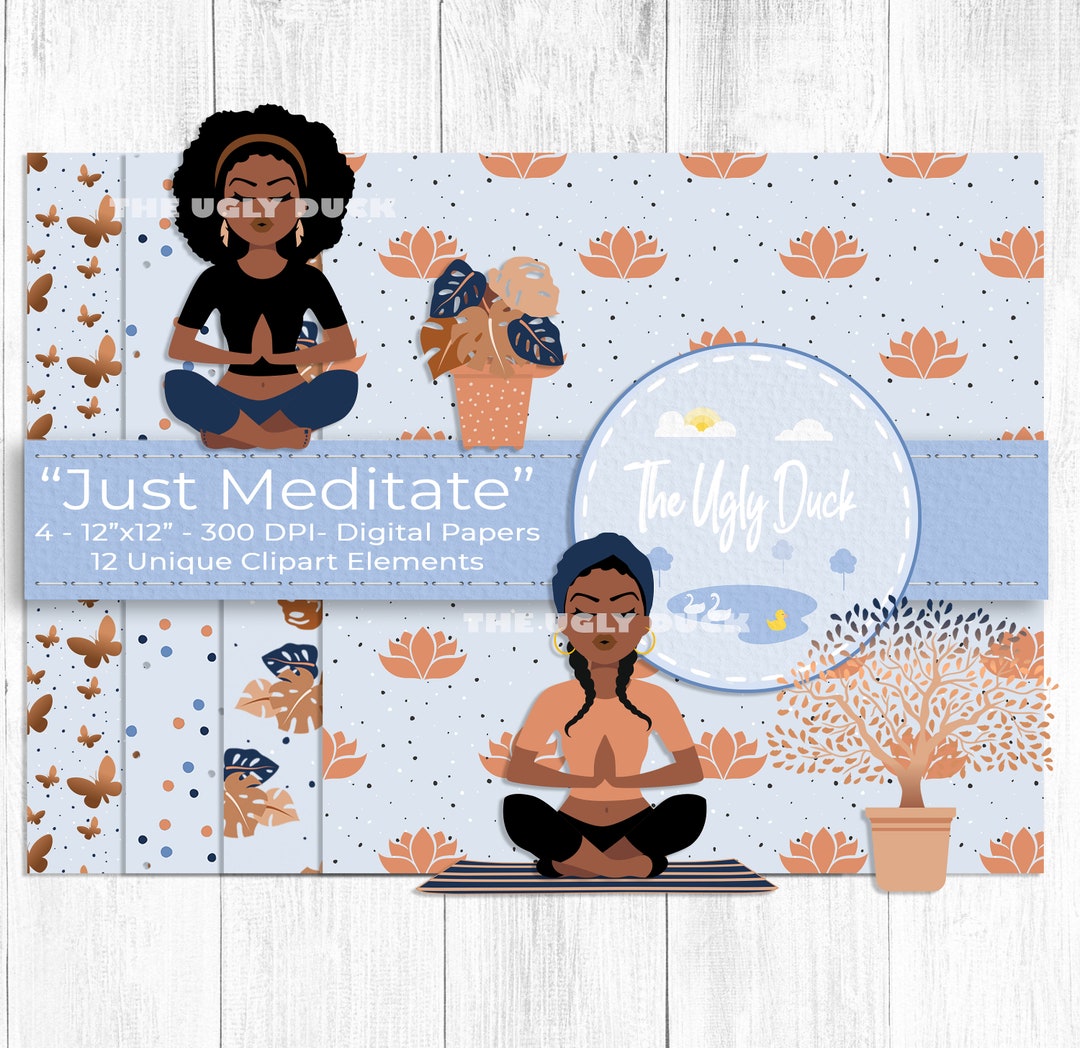 Just Meditate Digital Paper and Clipart Set, Meditation Clipart, Yoga