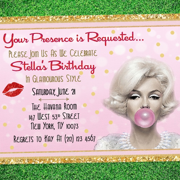 Marilyn Monroe Birthday Invite, Personalized Birthday Invitation