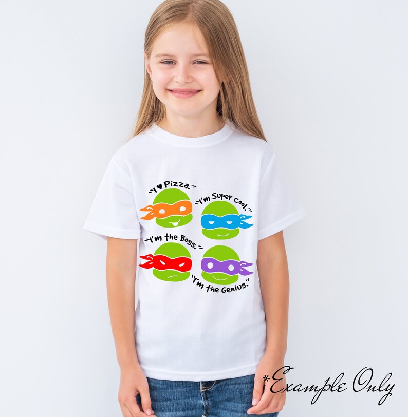 May include: White t-shirt with a graphic of four Teenage Mutant Ninja Turtles heads. Each head has a different colored mask and a quote: "I &hearts; Pizza", "I'm the Boss", "I'm Super Cool", and "I'm the Genius".