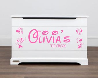Personalised vinyl Toybox Name stickers Disney Font With x4 Minnie Mouse Stickers - Now With Free Postage