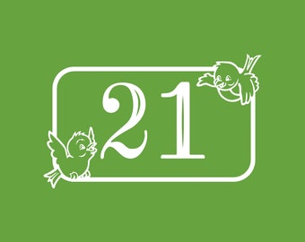 White Wheelie bin house number vinyl stickers with birds