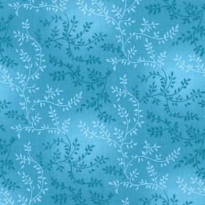 May include: A seamless pattern featuring a repeating design of light blue and teal leafy vines on a turquoise background.