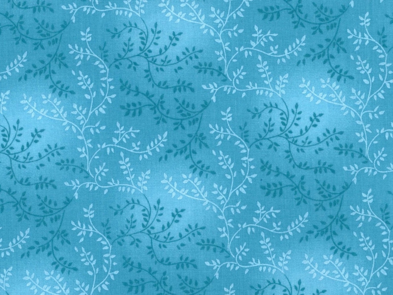 May include: A seamless pattern featuring a repeating design of light blue and teal leafy vines on a turquoise background.