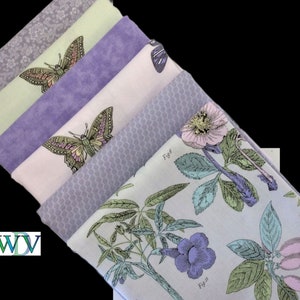 6 Pc Fat Quarter Bundle Botanicals in Soft Lilac, Pink and Celery Green Tones.  FREE SHIPPING