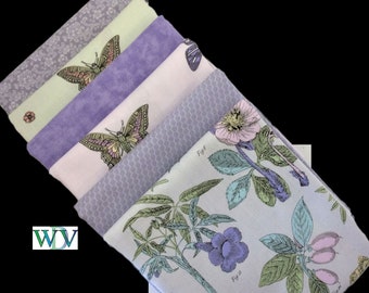 6 Pc Fat Quarter Bundle Botanicals in Soft Lilac, Pink and Celery Green Tones.  FREE SHIPPING