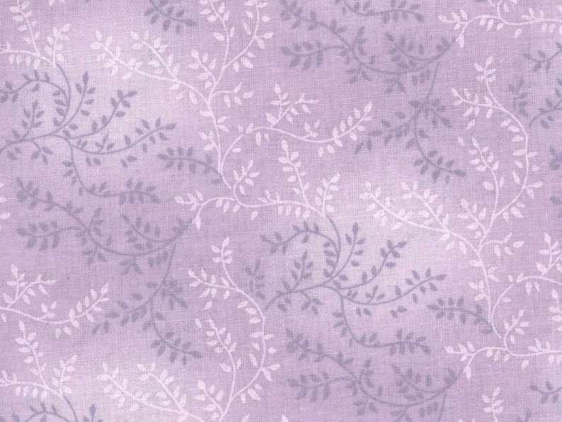 May include: A seamless pattern of delicate, light purple and gray floral vines on a light purple background.