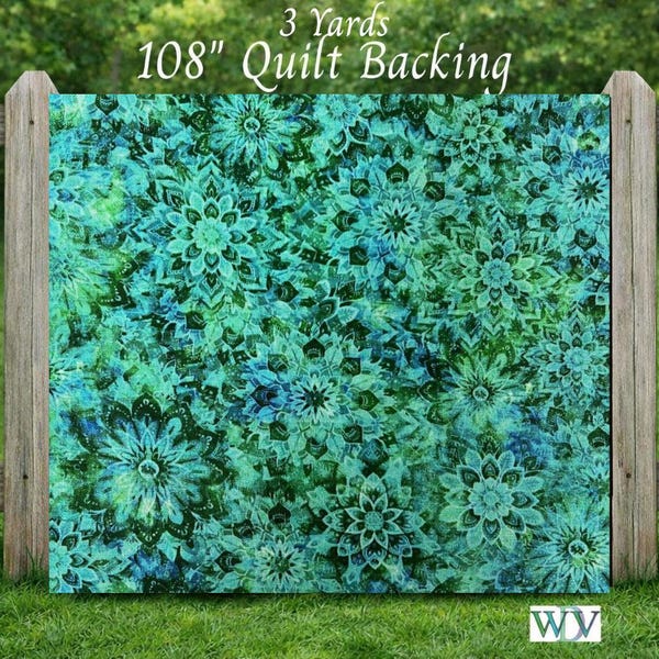 108" Wide Quilt Backing, #29 Dancin Dahlias Blue Green Floral Cotton Fabric