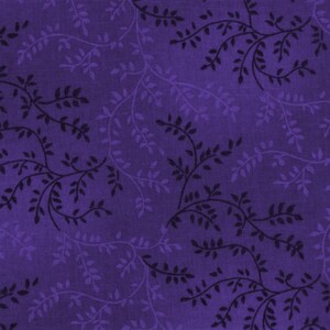 May include: Purple fabric with a repeating pattern of black leafy vines. The fabric has a subtle textured appearance.