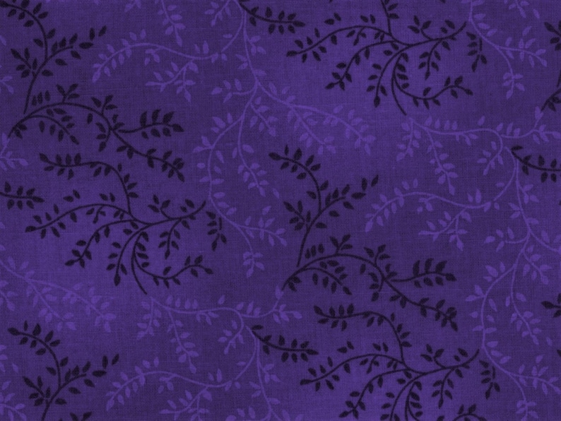 May include: Purple fabric with a repeating pattern of black leafy vines. The fabric has a subtle textured appearance.