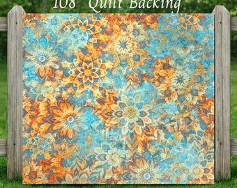 108" Wide Quilt Backing, #24 Dancin Dahlias Blue Rust Floral, 100% Cotton