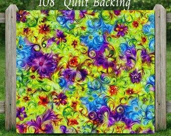 May include: A fabric quilt backing featuring a vibrant, multicoloured floral pattern with swirling designs in shades of purple, blue, yellow, and red. The text 3 Yards 108" Quilt Backing is printed at the top of the fabric display.