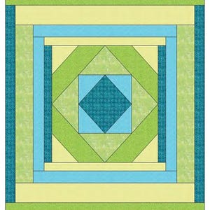 May include: A square quilt block featuring a central dark teal diamond surrounded by a light blue square, lime green diagonal strips, and concentric borders of pale yellow, light blue, and textured dark teal fabric in a geometric pattern.