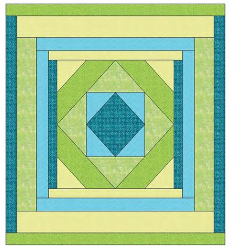 May include: A square quilt block featuring a central dark teal diamond surrounded by a light blue square, lime green diagonal strips, and concentric borders of pale yellow, light blue, and textured dark teal fabric in a geometric pattern.