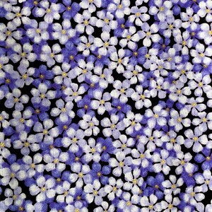 May include: A fabric pattern featuring a dense arrangement of small five-petalled flowers in shades of light purple, lavender, and white. Each flower has a tiny, bright yellow centre, and the blossoms are set against a solid black background.
