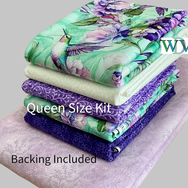Queen or Throw Size Quilt Kit, Hummingbird Garden, Backing Included, Free Patterns