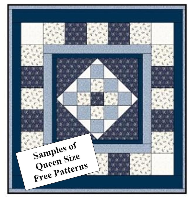 May include: A square quilt featuring a central diamond block surrounded by a border of alternating dark blue floral and white floral squares. The quilt has a solid dark blue outer border and a white label with the text Samples of Queen Size Free Patterns.