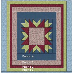 May include: A quilt block pattern featuring a central square surrounded by a star design in red and light green, set against a dark blue background. The design includes borders labelled Fabric 4, Fabric 1, Fabric 2, Fabric 3, and Fabric 5.