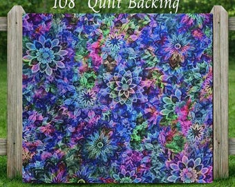 108" Quilt Backing, #16 Dancin Dahlias Blue Floral, Queen Size Cotton Fabric
