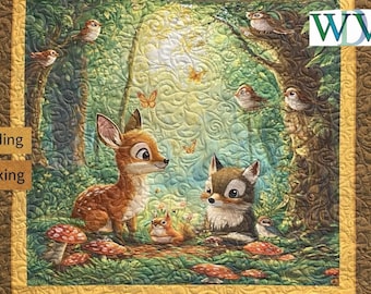 May include: A quilted fabric panel featuring a forest scene with a fawn, a fox, a squirrel, and birds among mushrooms and butterflies. The quilt has a brown and gold border with a swirling stitch pattern and includes the text Binding and Backing.