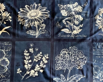 Botanical Beauty Panel – Navy Blue and White with 8 Botanical Images in a striking motif.  23 x 44 - FREE SHIPPING