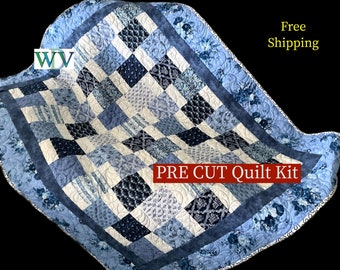PRE-CUT Quilt Kit - Charm…ing Blues  - Includes Fabric, Backing and Pattern - Cozy Home Decor - Beginner Friendly - 45 X 66 - FREE Shipping