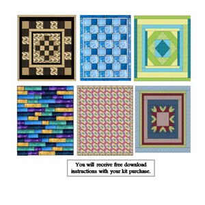 May include: Six distinct rectangular quilts featuring varied geometric patterns in black, gold, blue, green, purple, and pink colour palettes. A white rectangular box below the quilts contains the text: You will receive free download instructions with your kit purchase.
