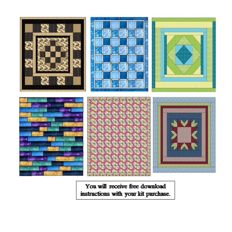 May include: Six distinct rectangular quilts featuring varied geometric patterns in black, gold, blue, green, purple, and pink colour palettes. A white rectangular box below the quilts contains the text: You will receive free download instructions with your kit purchase.