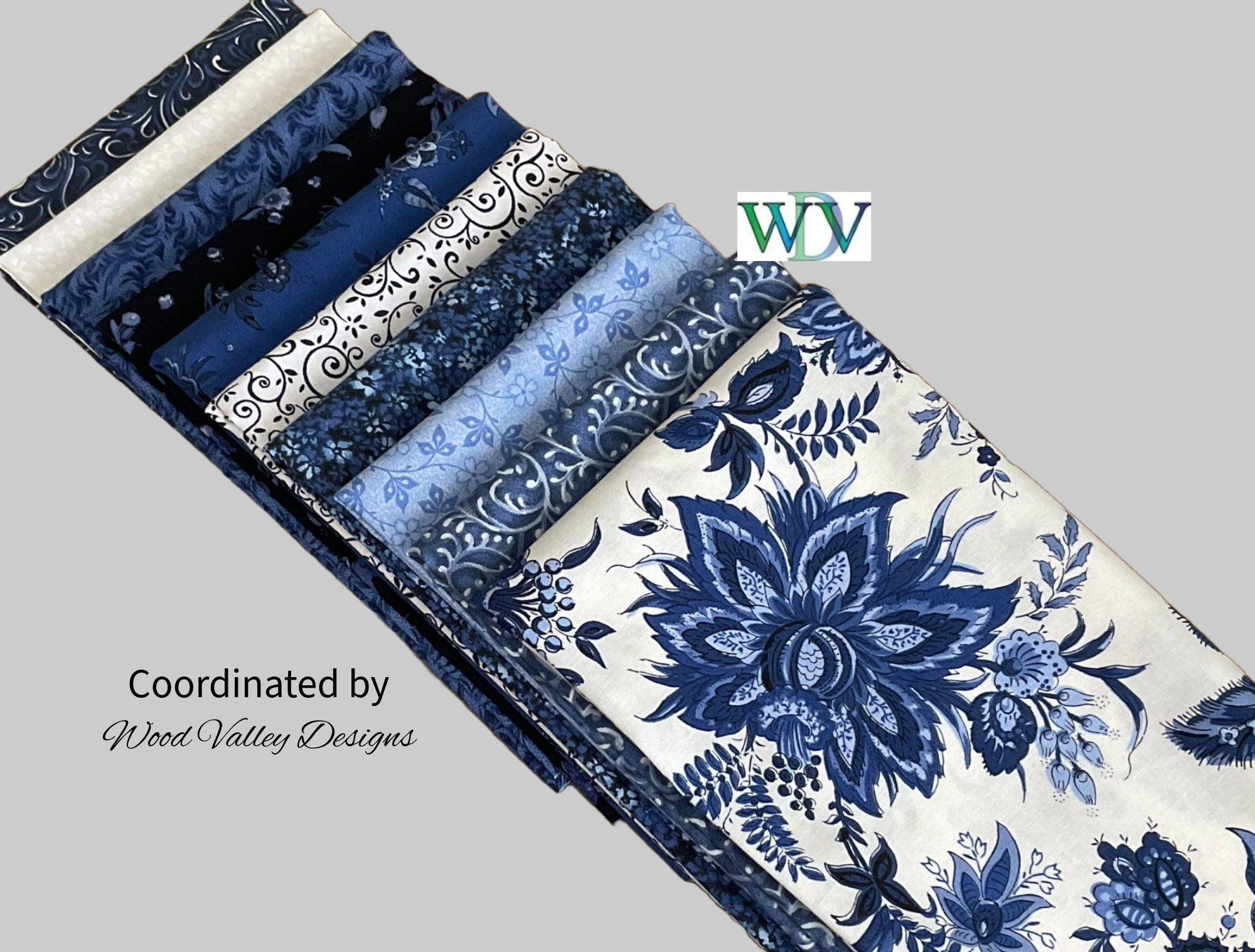 10 Piece Fat Quarter Bundle - Delft Splendor - with shades of Blue and White Coordinates - FREE SHIPPING