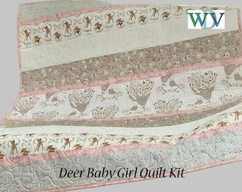 Deer Baby Girl Quilt Kit, Pink Gray White, Beginner Friendly, Includes Backing (42" x 48.5")
