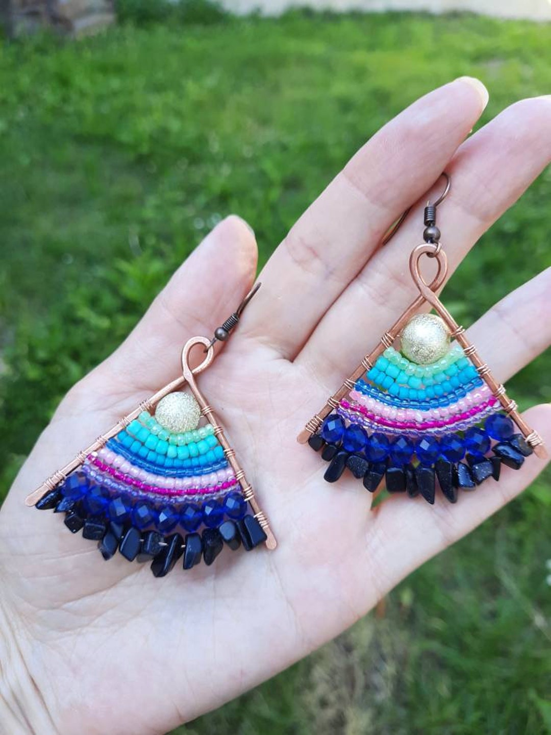 Blue Sunstone Beaded Earrings Tropical Ocean Beach Jewelry Multicolored ...
