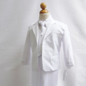 On Sale for Ltd Time! White Boys formal suit complete with tie, vest , pants, coat, shirt for wedding, graduation, prom and first communion