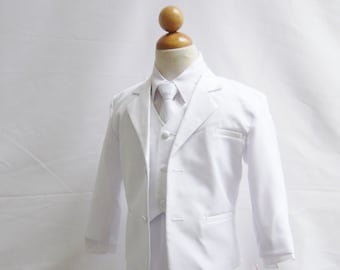 On Sale for Ltd Time! White Boys formal suit complete with tie, vest , pants, coat, shirt for wedding, graduation and first communion