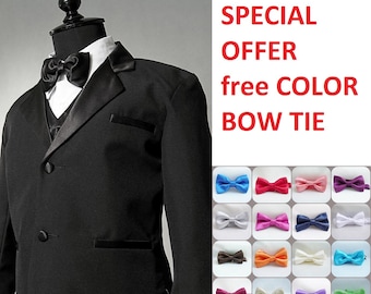 Special Holiday Offer Black Boys Classic 2 button tuxedo suit with shiny lapel complete set with Free Color Bow tie