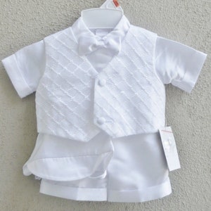 Boys white baptism short set 4 piece with Organza Cross Hatched Vest Details