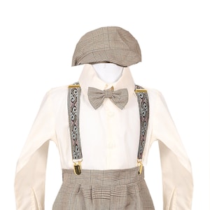 On Sale! Fall European Style Boys outfit with Suspender and Shorts Set in fancy brown and Ivory color shirt