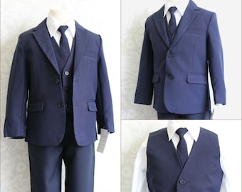 On Sale for Ltd Time!Navy Boys classic suit complete set with tie, vest, pants, coat and shirt for wedding, graduation and special occasion