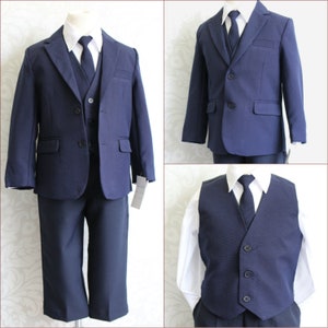 On Sale for Ltd Time!Navy Boys classic suit complete set with tie, vest, pants, coat and shirt for wedding, graduation and special occasion