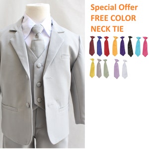 Special offer! Boys Silver Light grey Formal 3 button formal suit complete set with Free color Neck tie for wedding and special occasion