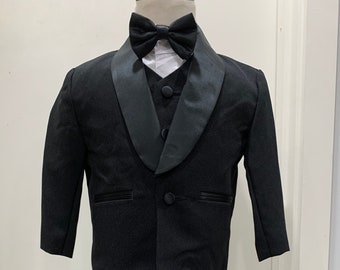 On Sale!!Boys Black 1 button tuxedo with shawl shiny lapel with bow tie, vest, Dress shirt, Jacket & pants for wedding and special occasion.