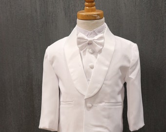 On Sale!!Boys White 1 button tuxedo suit with shawl shiny lapel complete set with bow tie, vest, pants, coat and shirt for special occassion